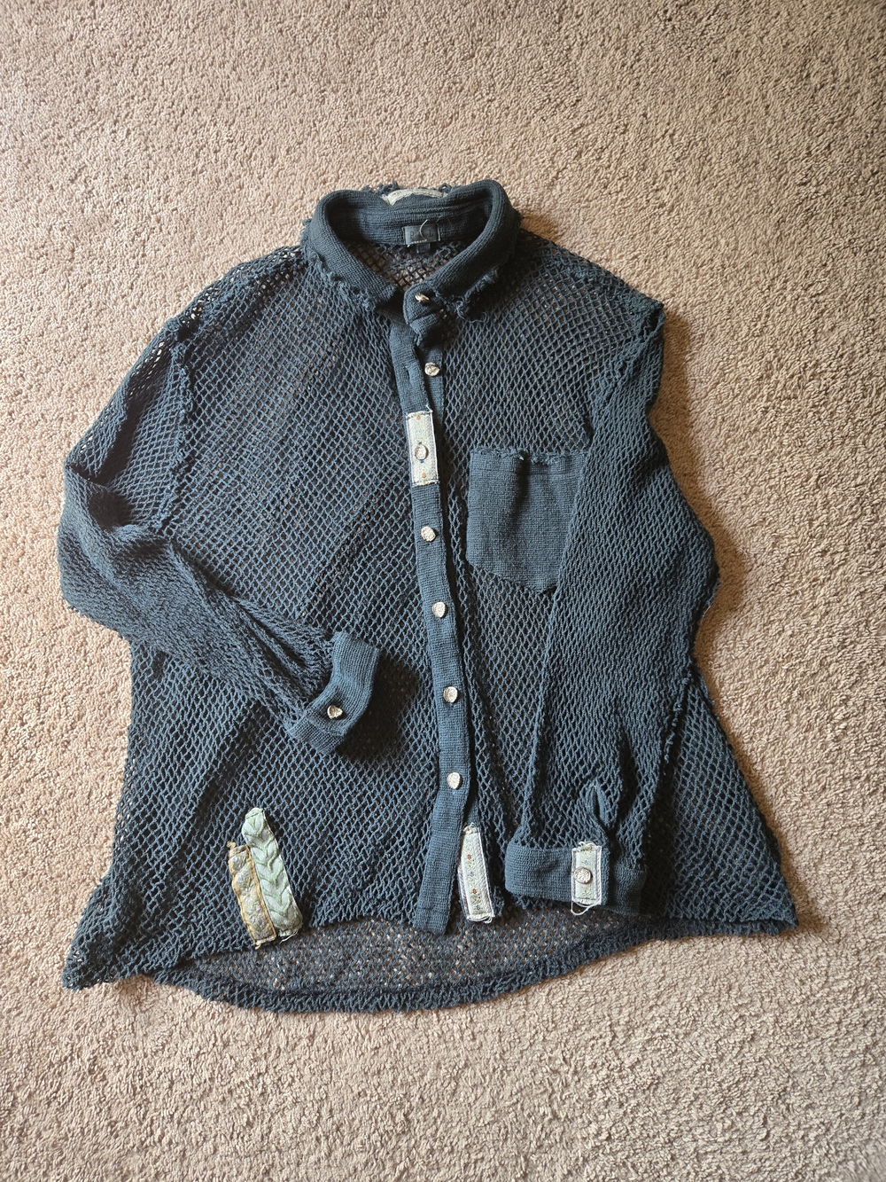 POL Open Knit Fishnet Button Down Boho Shirt Black L